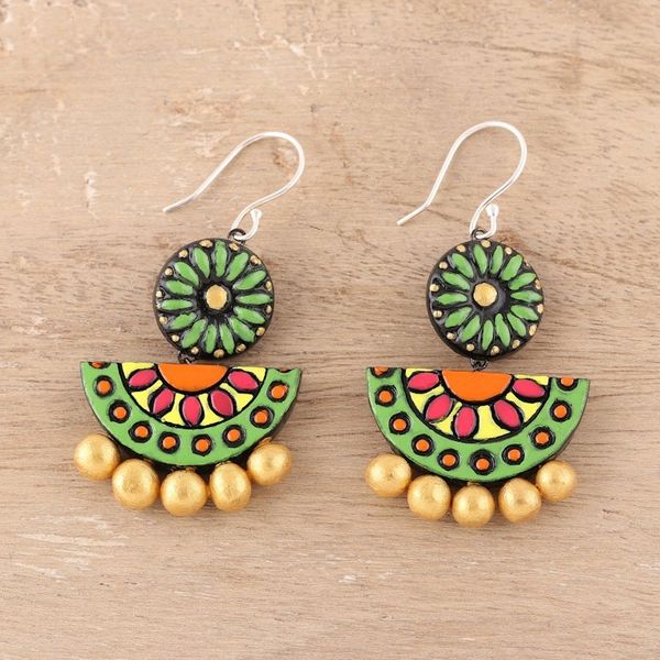 Alternate image for Artisan Crafted Bollywood Ceramic Dangle Earrings from India Crescent Flora