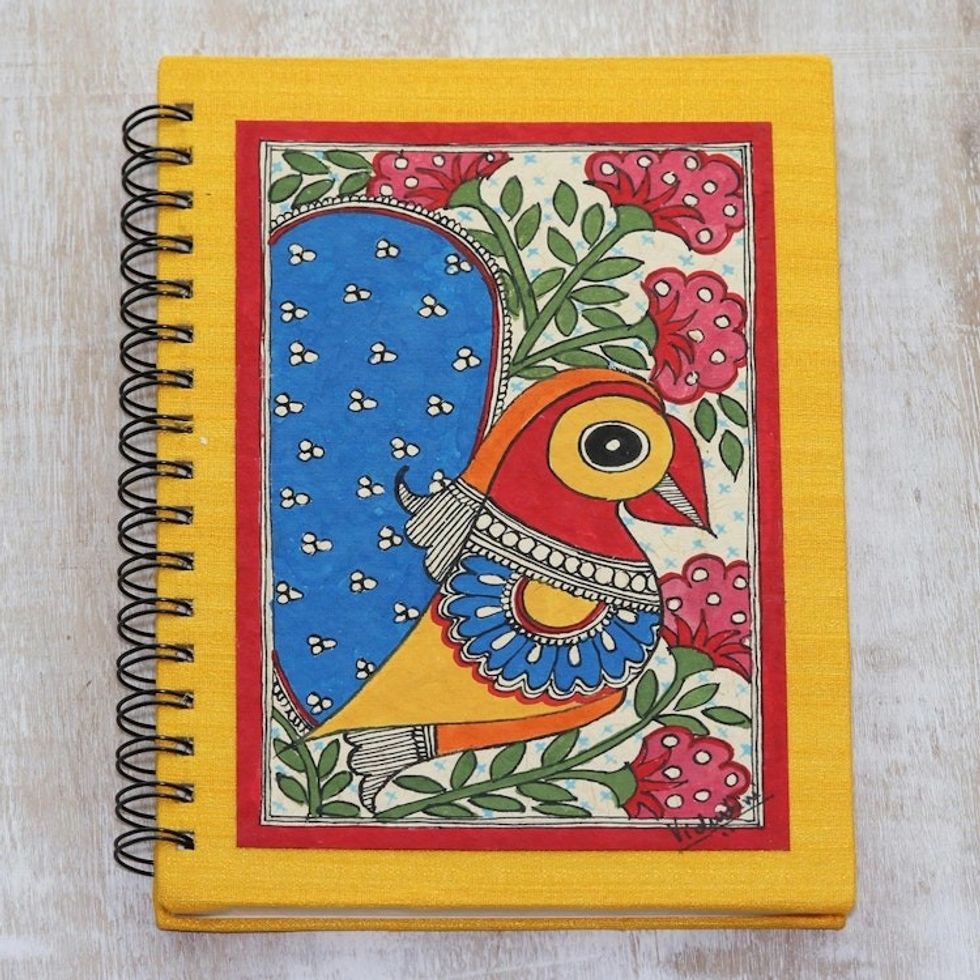 Paper Journal with Signed Madhubani Peacock Painting 'Joyful Peacock'