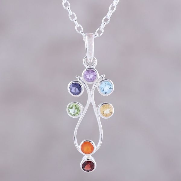 Alternate image for Sterling Silver and Multi-Gemstone Chakra Pendant Necklace Wellspring of Energy