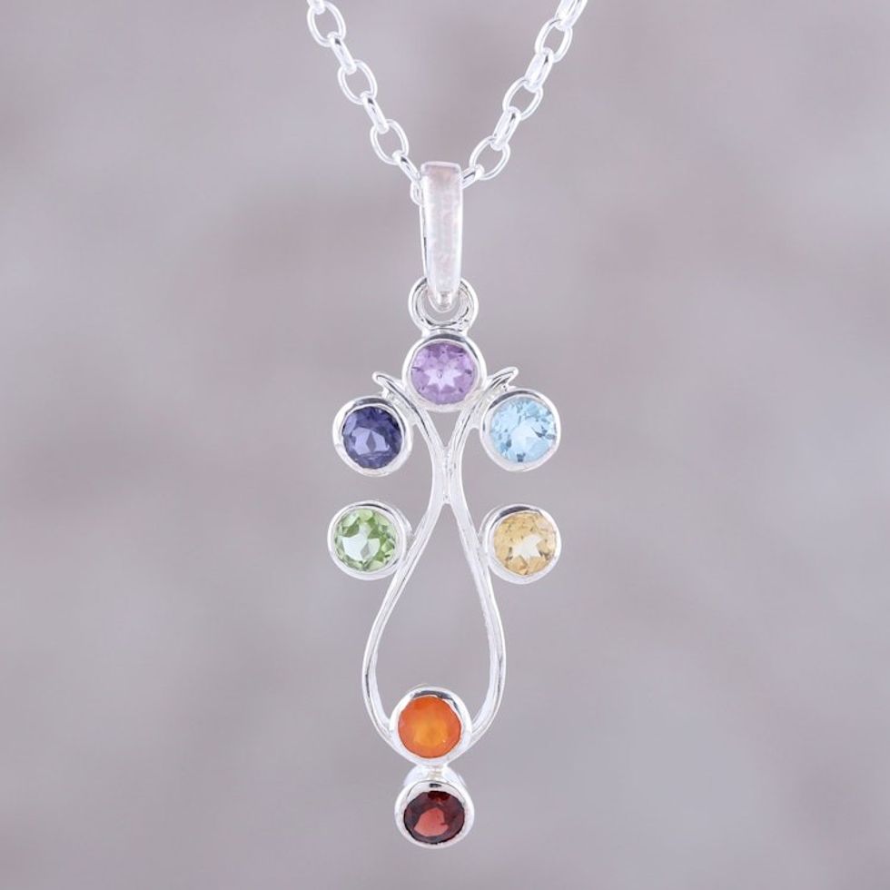 Sterling Silver and Multi-Gemstone Chakra Pendant Necklace 'Wellspring of Energy'