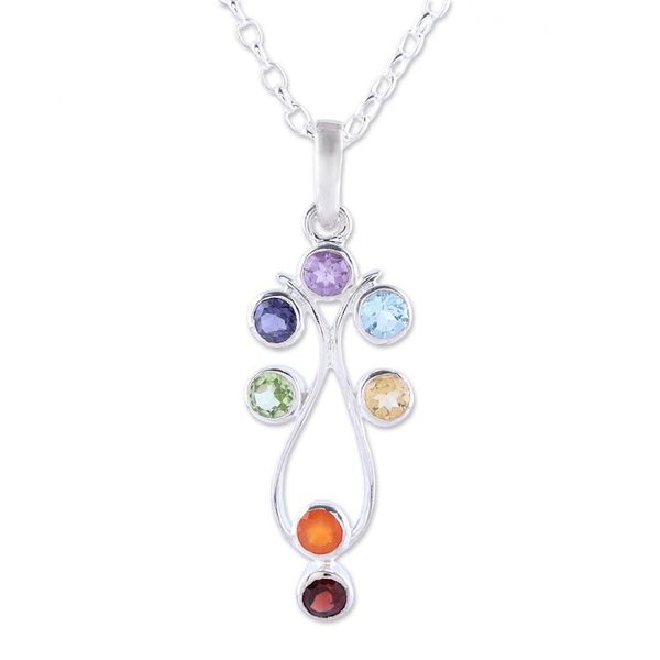 Alternate image for Sterling Silver and Multi-Gemstone Chakra Pendant Necklace Wellspring of Energy