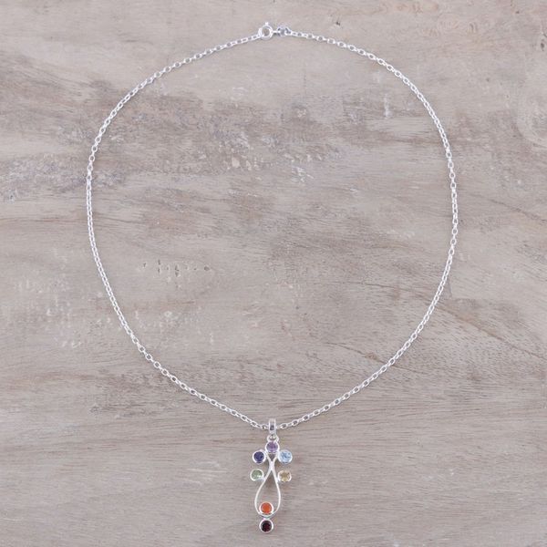 Alternate image for Sterling Silver and Multi-Gemstone Chakra Pendant Necklace Wellspring of Energy