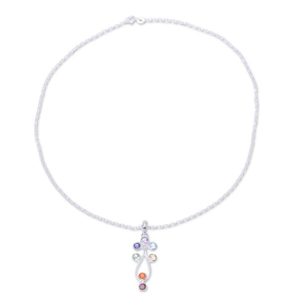 Alternate image for Sterling Silver and Multi-Gemstone Chakra Pendant Necklace Wellspring of Energy