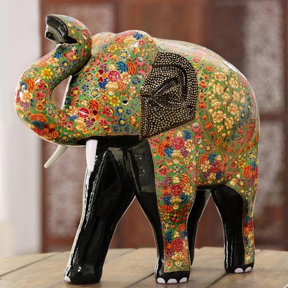 Hand-Painted Floral Elephant Papier Mache Sculpture 'Royal Greeting'