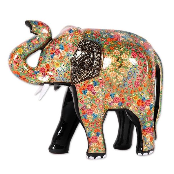 Alternate image for Hand-Painted Floral Elephant Papier Mache Sculpture Royal Greeting