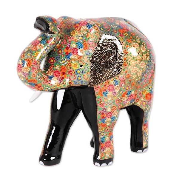 Alternate image for Hand-Painted Floral Elephant Papier Mache Sculpture Royal Greeting