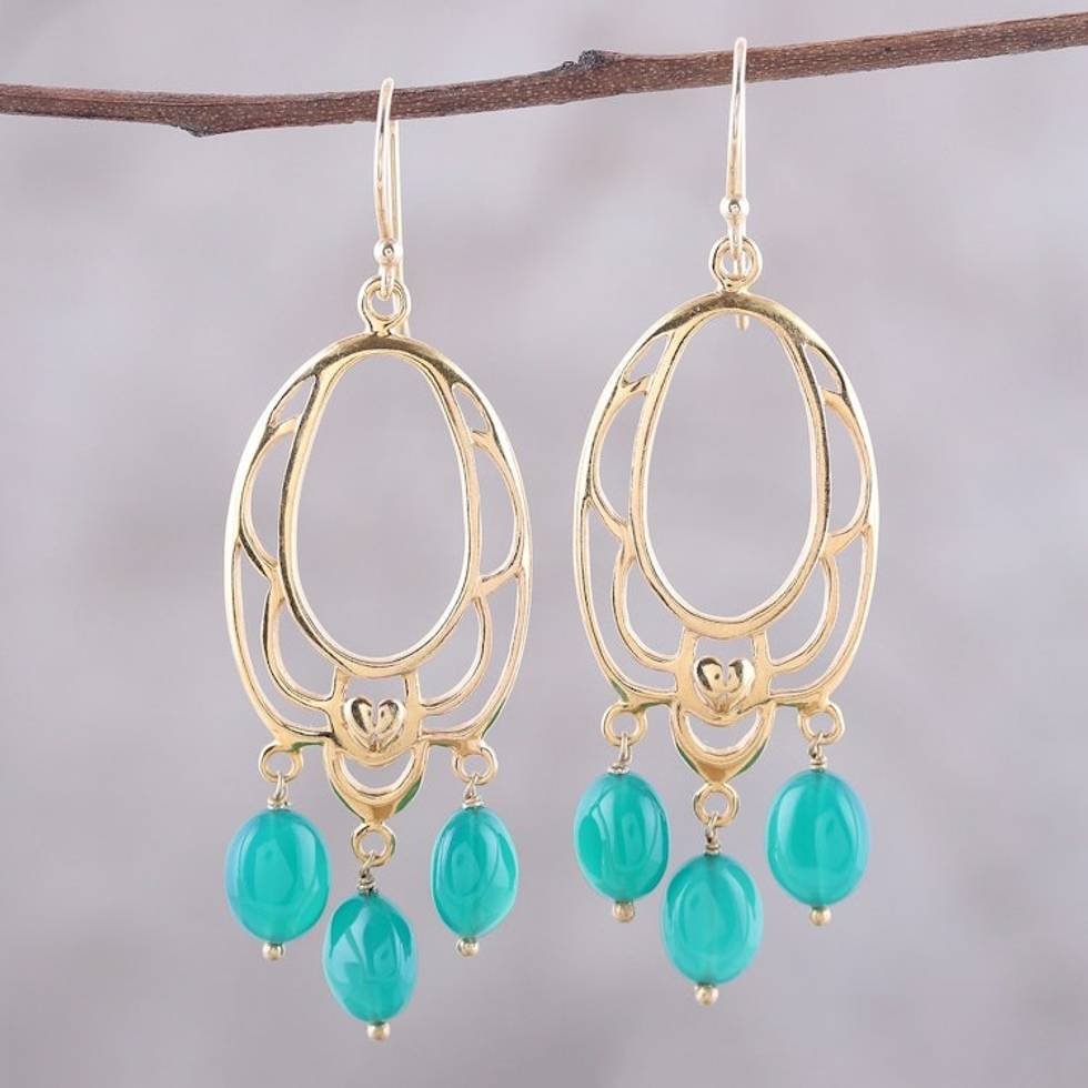 22k Gold Plated Onyx Chandelier Earrings from India 'Green Romance'