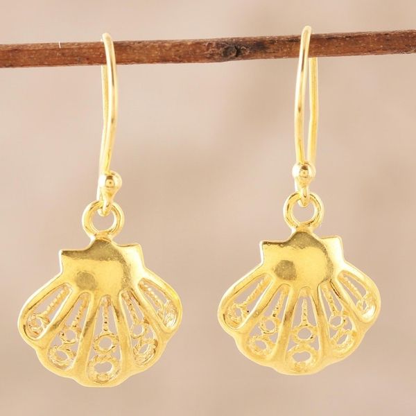 Alternate image for Seashell 22k Gold Plated Sterling Silver Dangle Earrings Bright Shells