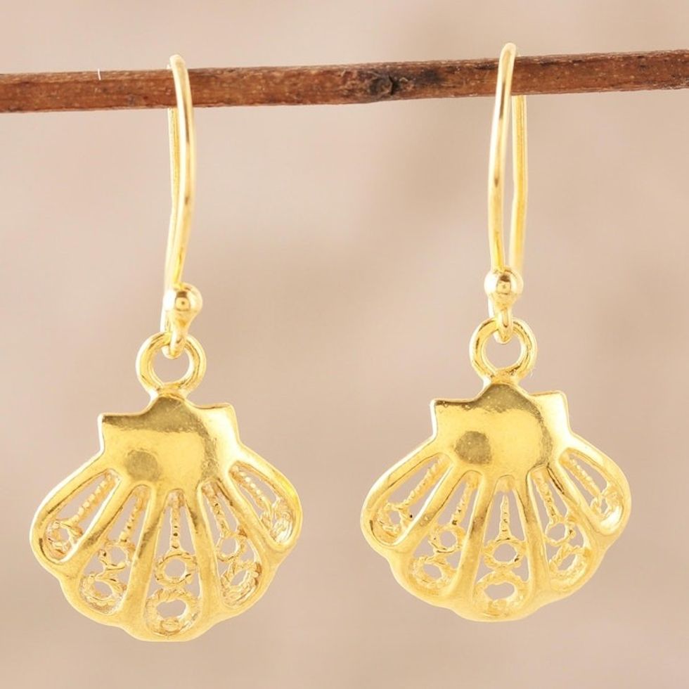 Seashell 22k Gold Plated Sterling Silver Dangle Earrings 'Bright Shells'