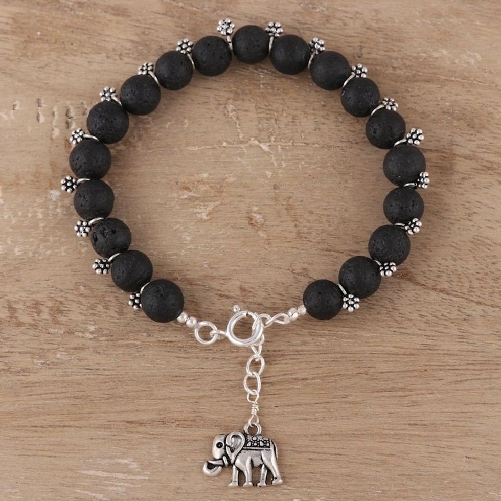 Sterling Silver and Lava Stone Elephant Bracelet 'Ancient Garden'