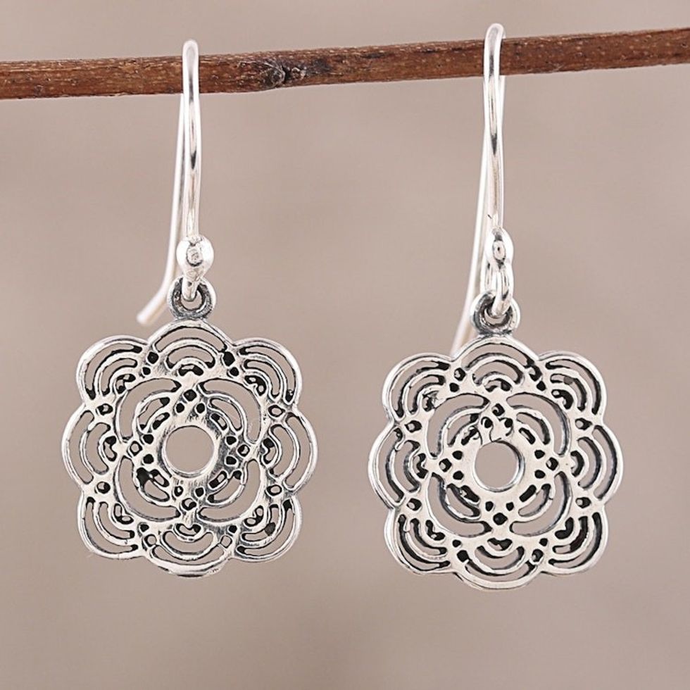 Openwork Floral Sterling Silver Dangle Earrings from India 'Curvy Flowers'