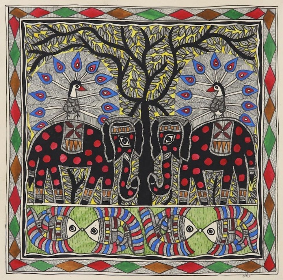 Nature-Themed Traditional Madhubani Painting from India 'Glorious Union'