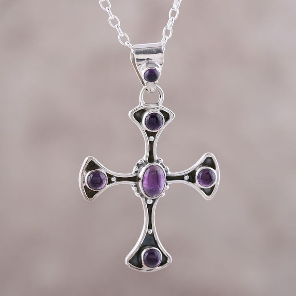 Amethyst Sterling Silver Dot Motif Cross Pendant Necklace 'Beautiful Faith'