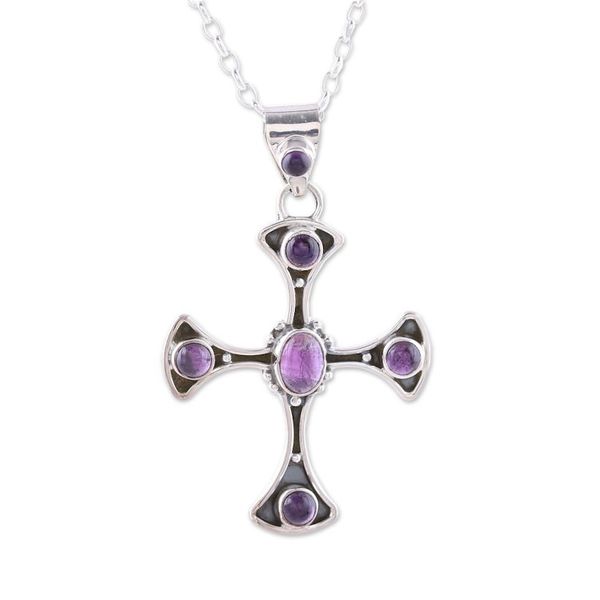 Alternate image for Amethyst Sterling Silver Dot Motif Cross Pendant Necklace Beautiful Faith