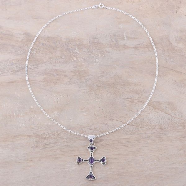 Alternate image for Amethyst Sterling Silver Dot Motif Cross Pendant Necklace Beautiful Faith