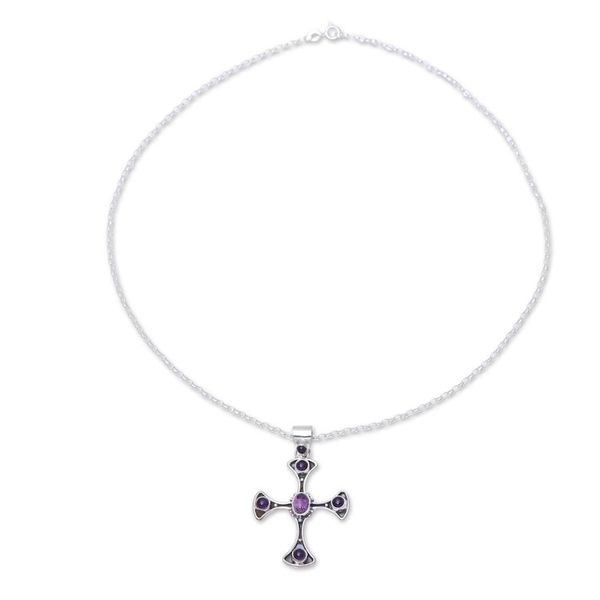 Alternate image for Amethyst Sterling Silver Dot Motif Cross Pendant Necklace Beautiful Faith