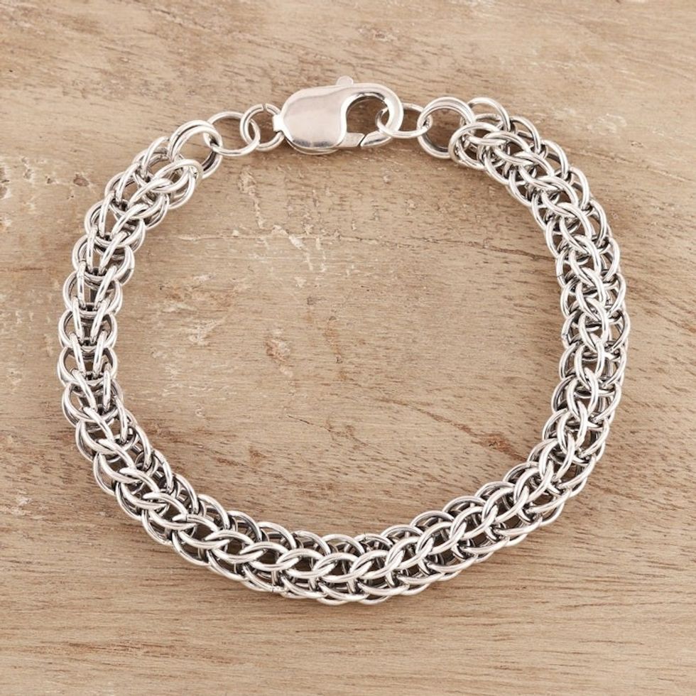 Men's Sterling Silver Byzantine Chain Bracelet from India 'Bold Byzantine'