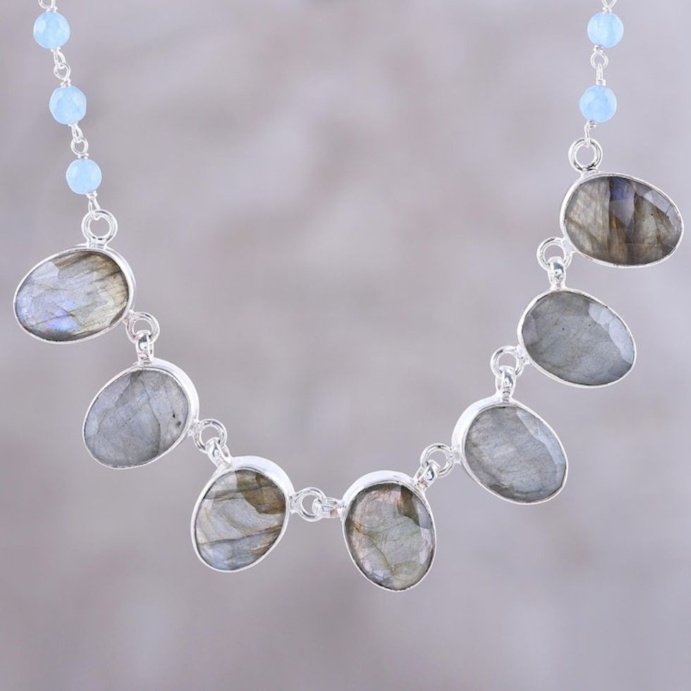 Faceted Oval Labradorite and Chalcedony Pendant Necklace 'Enchanting Mystery'