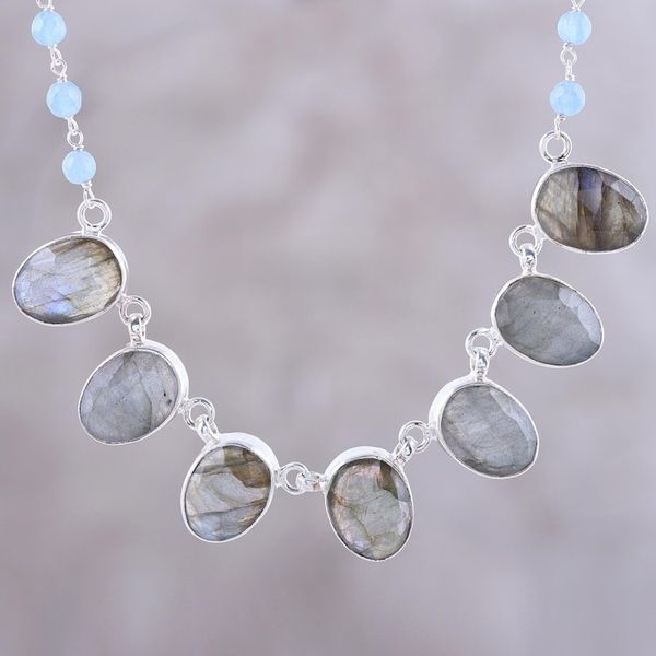 Alternate image for Faceted Oval Labradorite and Chalcedony Pendant Necklace Enchanting Mystery