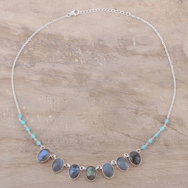 Alternate image for Faceted Oval Labradorite and Chalcedony Pendant Necklace Enchanting Mystery