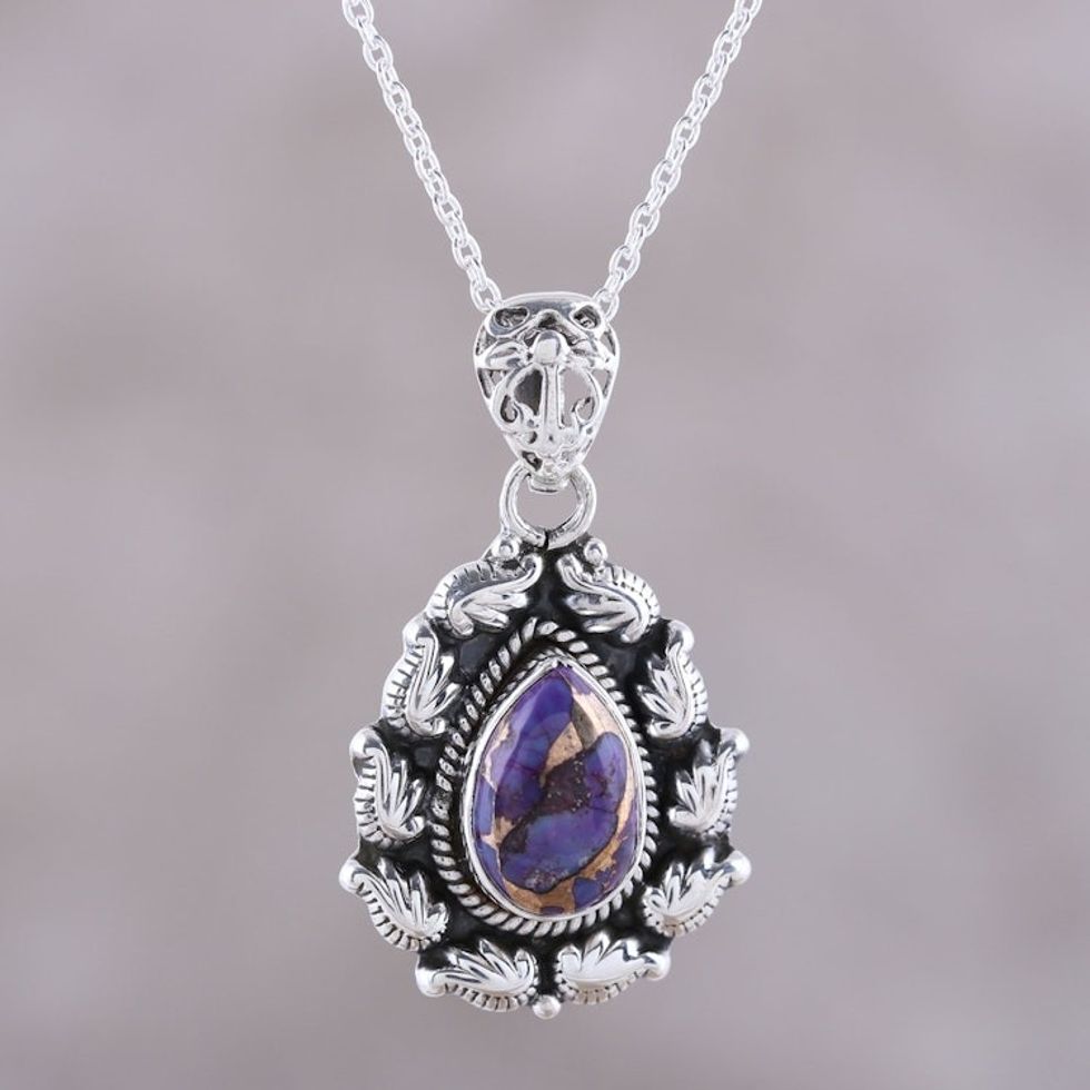 Indian Teardrop Shaped Pendant Necklace in Sterling Silver 'Floral Flames'