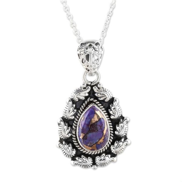 Alternate image for Indian Teardrop Shaped Pendant Necklace in Sterling Silver Floral Flames