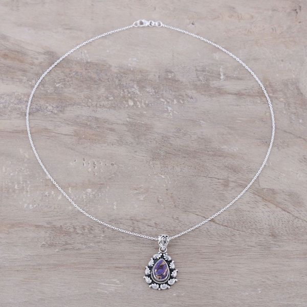 Alternate image for Indian Teardrop Shaped Pendant Necklace in Sterling Silver Floral Flames