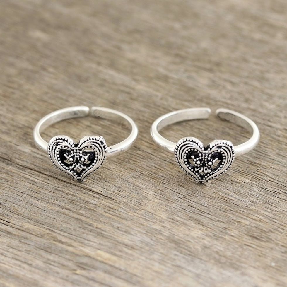 Heart Motif Sterling Silver Toe Rings from India 'Friendship Love'
