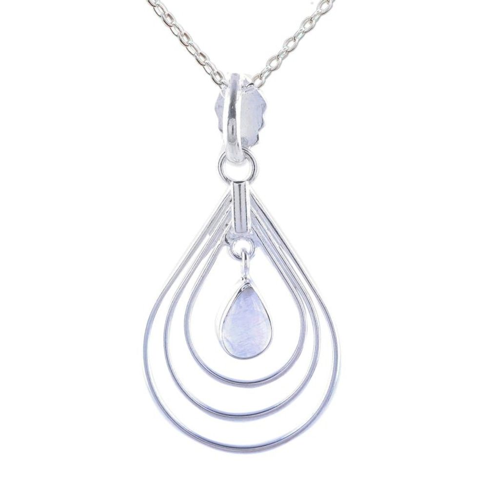 Natural Rainbow Moonstone Pendant Necklace from India 'Magical Drop'