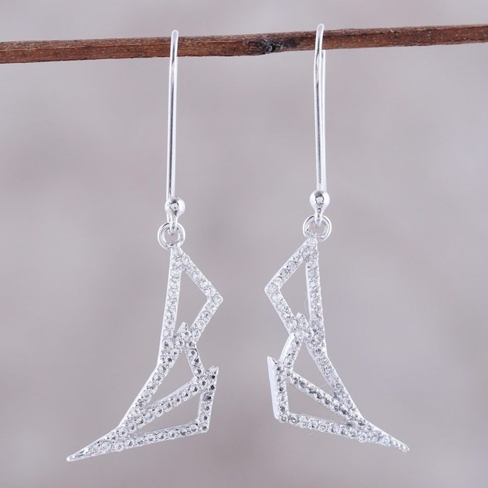 Geometric Rhodium Plated Sterling Silver Earrings from India 'Fashionable Shimmer'