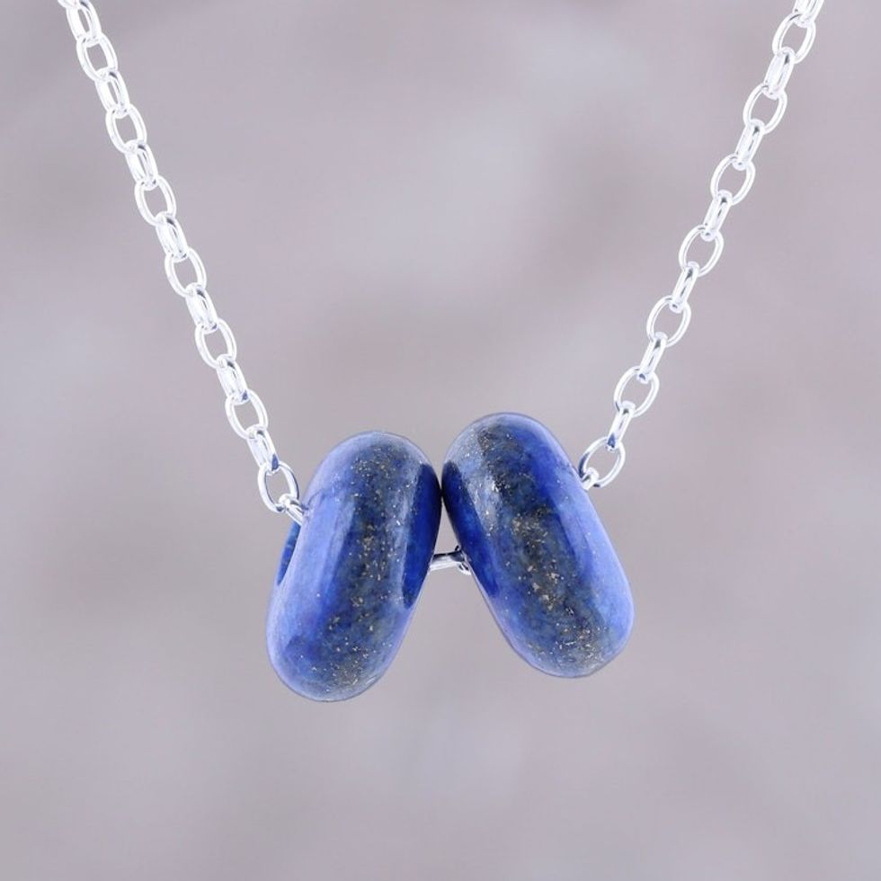 Lapis Lazuli Double Disc Sterling Silver Pendant Necklace 'Delightful Duet'