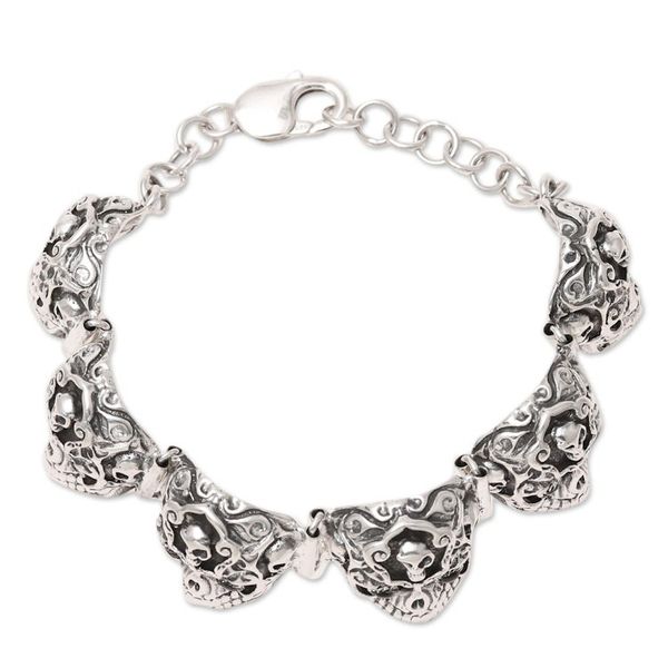 Alternate image for Skull-Pattern Mens Onyx Link Bracelet from India Macabre Skulls
