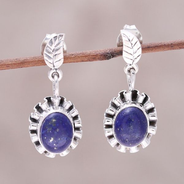 Alternate image for Lapis Lazuli and Sterling Silver Flower Dangle Earrings Blue Ribbon Flower