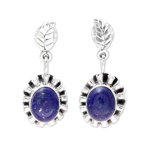 Alternate image for Lapis Lazuli and Sterling Silver Flower Dangle Earrings Blue Ribbon Flower