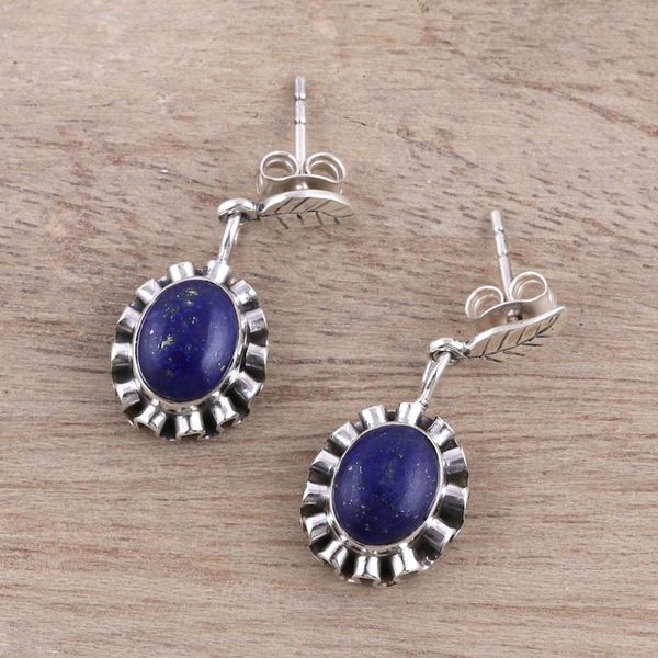 Alternate image for Lapis Lazuli and Sterling Silver Flower Dangle Earrings Blue Ribbon Flower