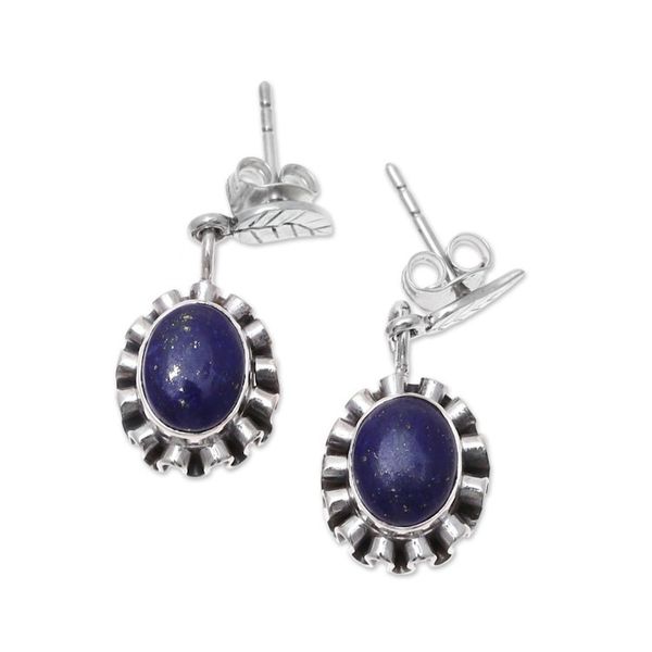 Alternate image for Lapis Lazuli and Sterling Silver Flower Dangle Earrings Blue Ribbon Flower