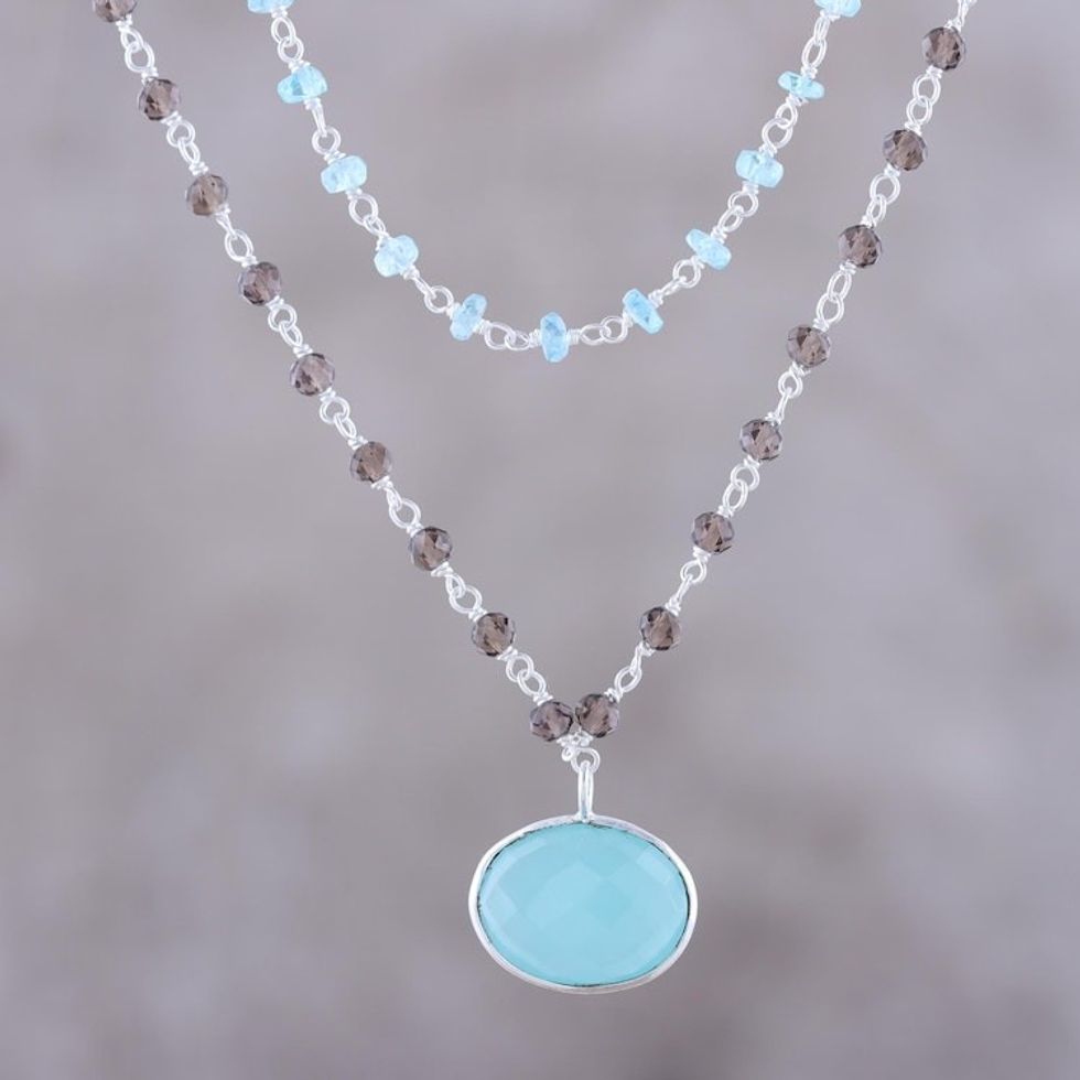 Multi-Gemstone Link Pendant Necklace from India 'Sparkling Tricolor'