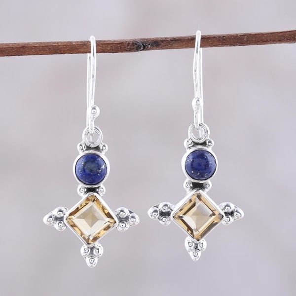 Alternate image for Sterling Silver Citrine and Lapis Lazuli Dangle Earrings Shimmering Star