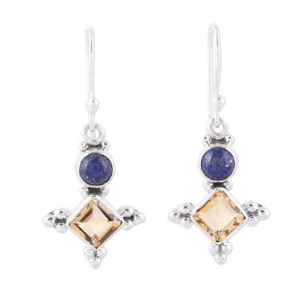 Alternate image for Sterling Silver Citrine and Lapis Lazuli Dangle Earrings Shimmering Star