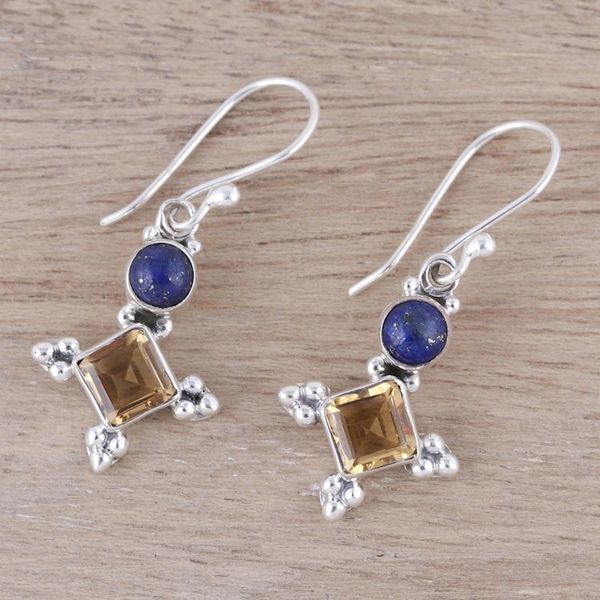 Alternate image for Sterling Silver Citrine and Lapis Lazuli Dangle Earrings Shimmering Star