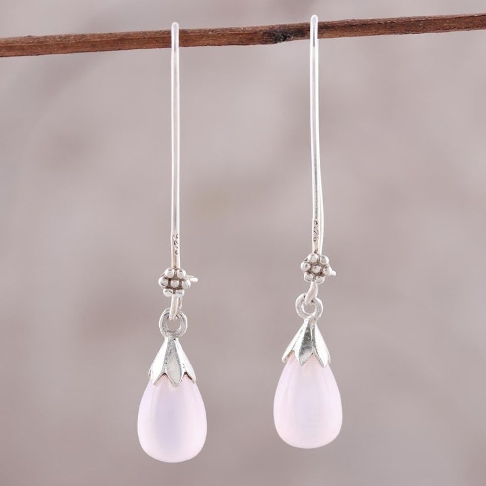 Pink Chalcedony and Sterling Silver Teardrop Dangle Earrings 'Graceful Tear in Pink'