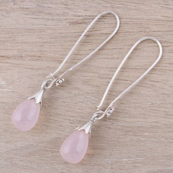 Alternate image for Pink Chalcedony and Sterling Silver Teardrop Dangle Earrings Graceful Tear in Pink