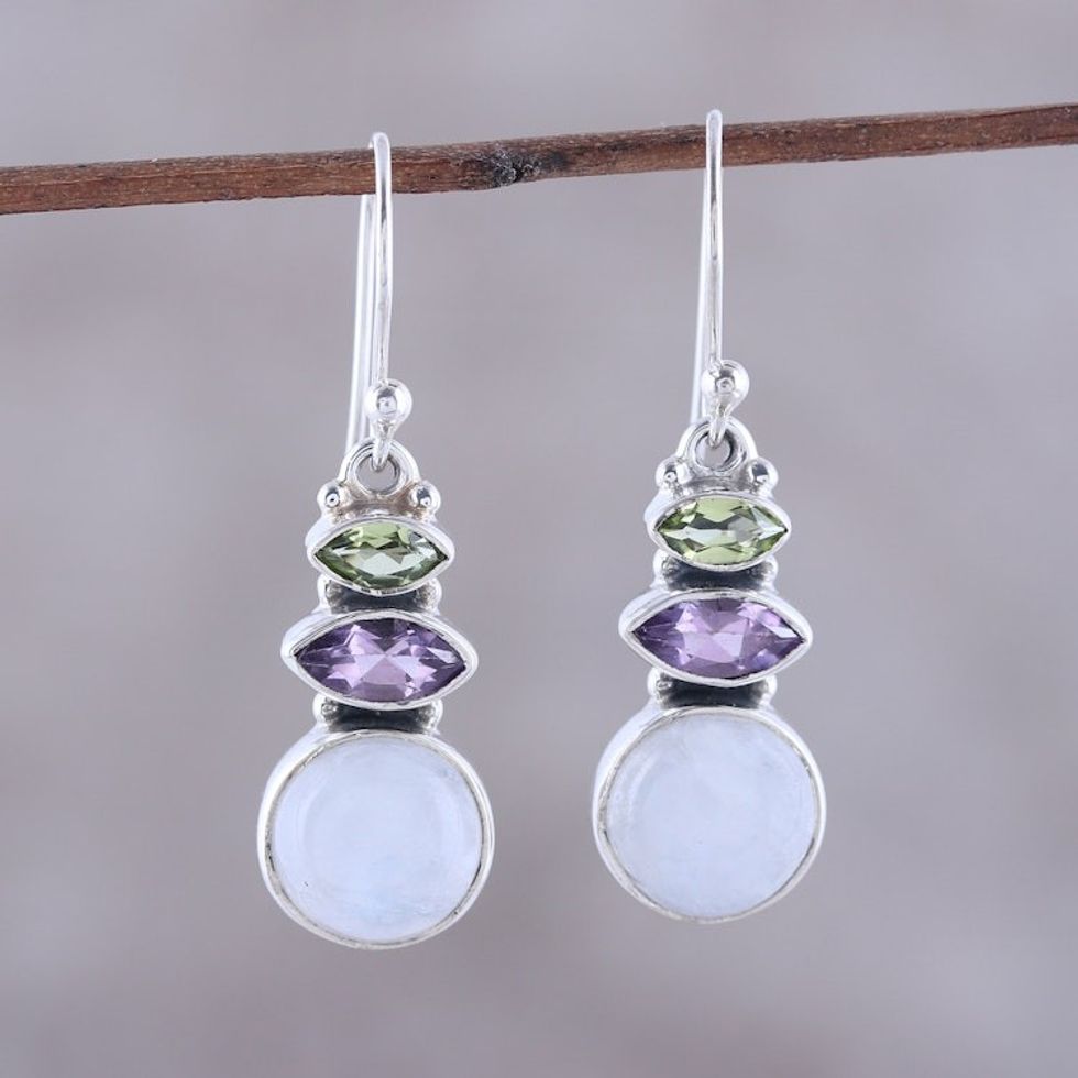 Multi-Gemstone Dangle Earrings from India 'Peaceful Dazzle'