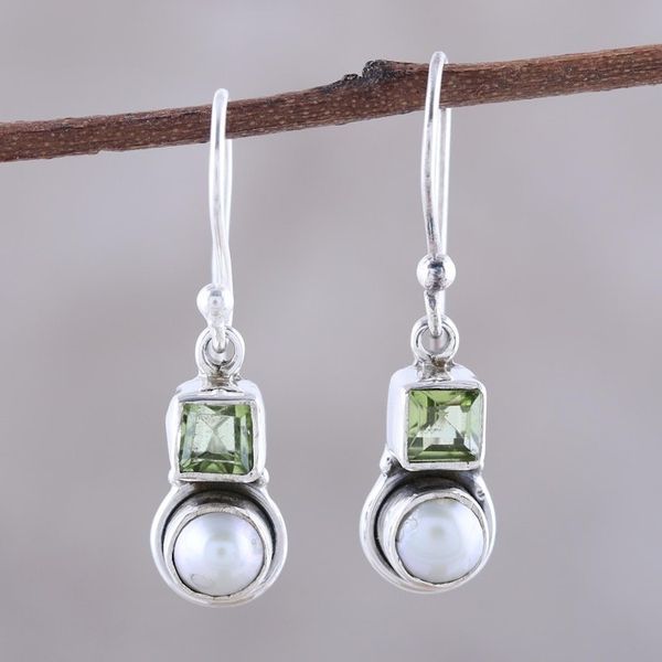 Alternate image for Cultured Pearl and Peridot Sterling Silver Dangle Earrings Moonglow Garden