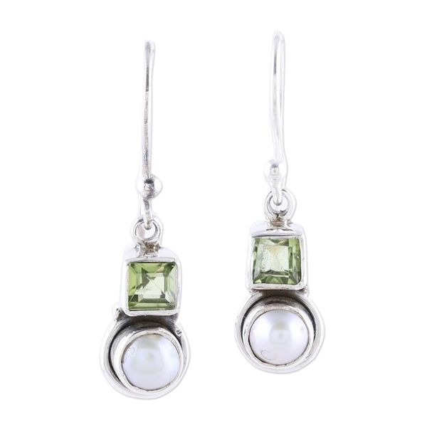 Alternate image for Cultured Pearl and Peridot Sterling Silver Dangle Earrings Moonglow Garden