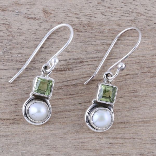 Alternate image for Cultured Pearl and Peridot Sterling Silver Dangle Earrings Moonglow Garden