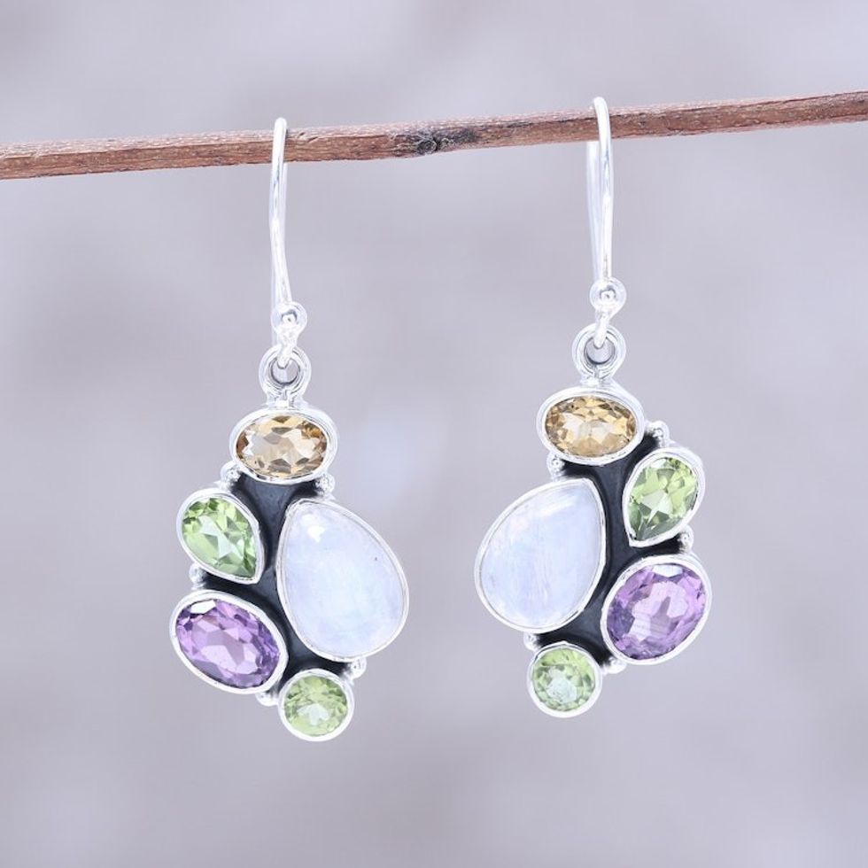 Multi-Gemstone 4.5-Carat Dangle Earrings from India 'Glittering Fusion'