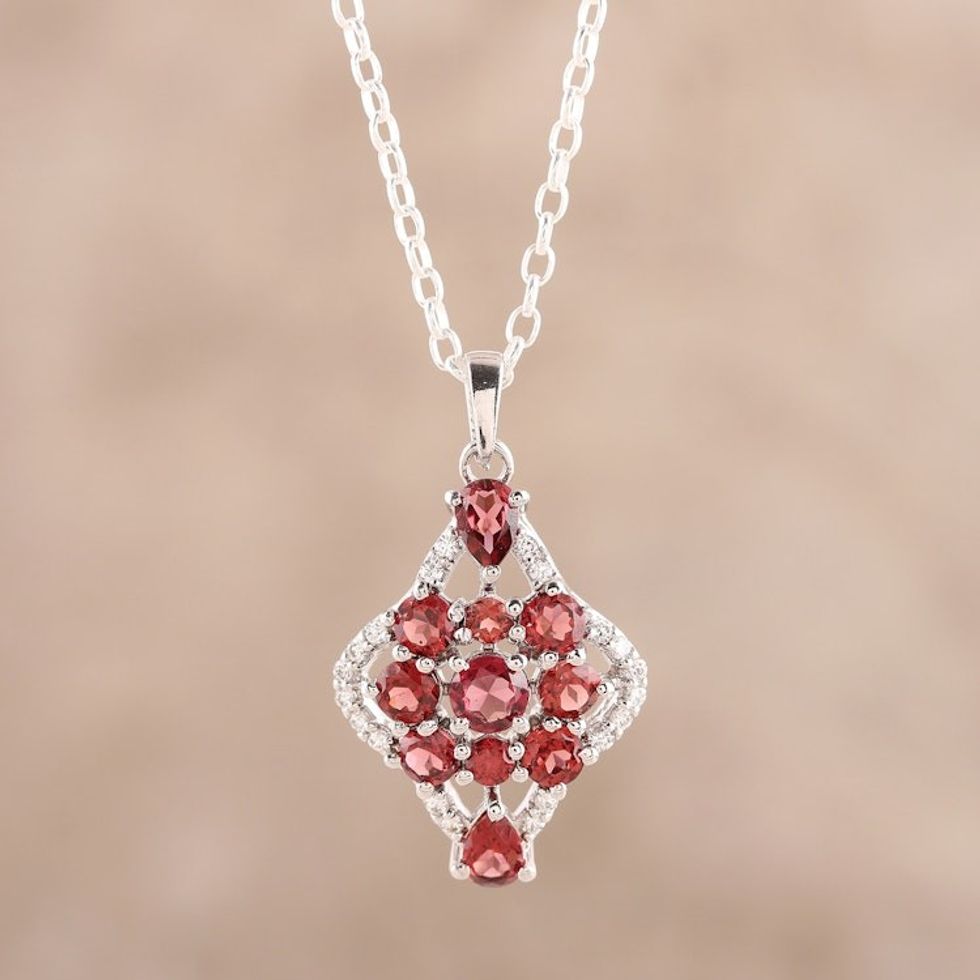 Kite-Shaped Garnet Pendant Necklace from India 'Natural Festivity'