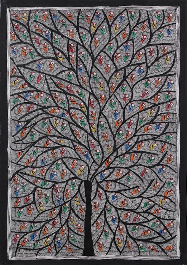 Alternate image for Signed Madhubani Painting of Parrots in a Tree from India Parrot Harmony