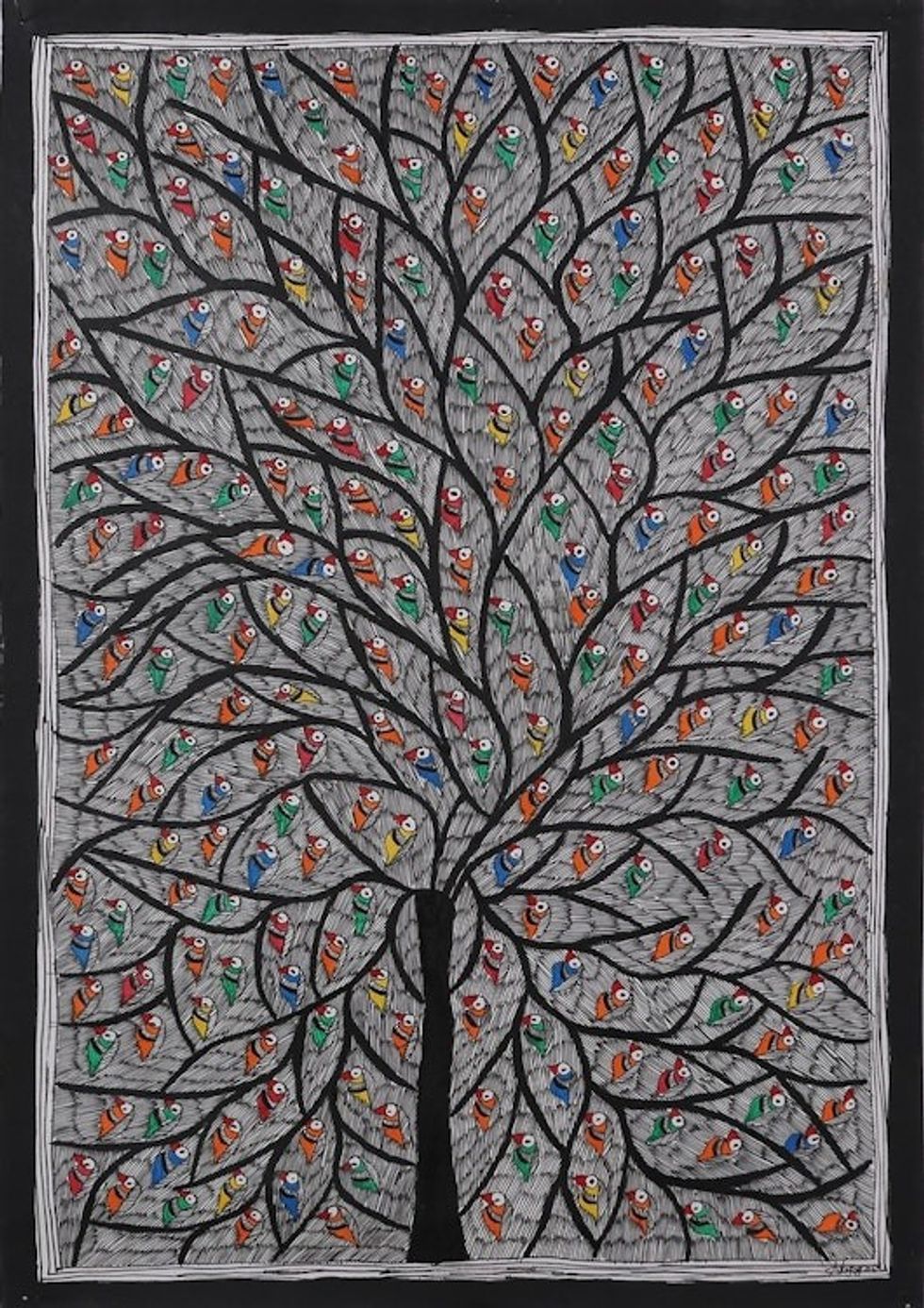 Signed Madhubani Painting of Parrots in a Tree from India 'Parrot Harmony'